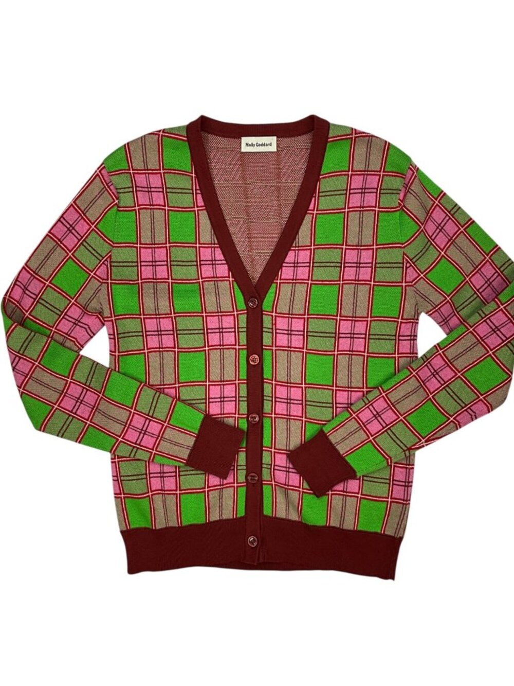 Molly Goddard Emma Cardigan Sweater M Pink Green Tartan Plaid Combed Cotton - Picture 15 of 16